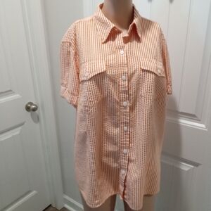 Jones New York Size L Orange Striped Button-Up Short Sleeved Shi…